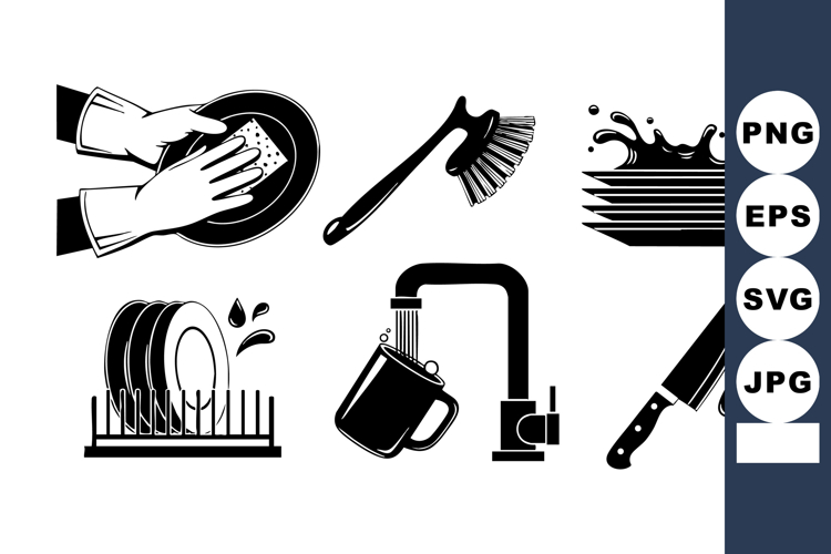 Kitchen Cleaning and Dishwashing Tools Vector Set