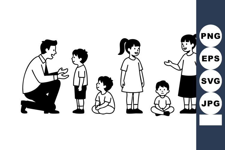 Black And White Children And Adult Vector Illustration