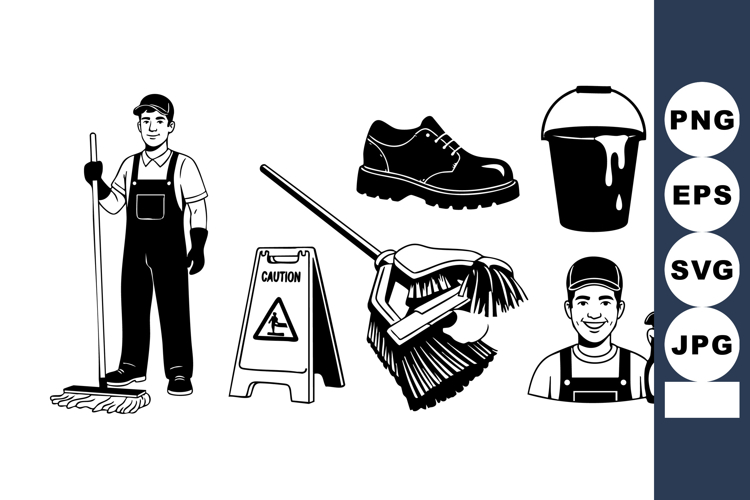 Cleaning Worker Mop Bucket Spray Vector Illustration