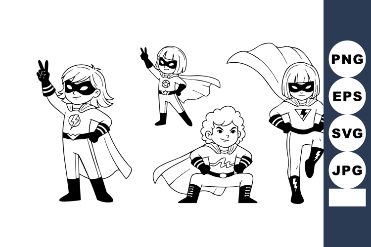 Cartoon Superhero Children in Capes and Masks Poses