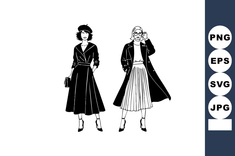 Elegant Vintage Women Fashion Illustration Black White