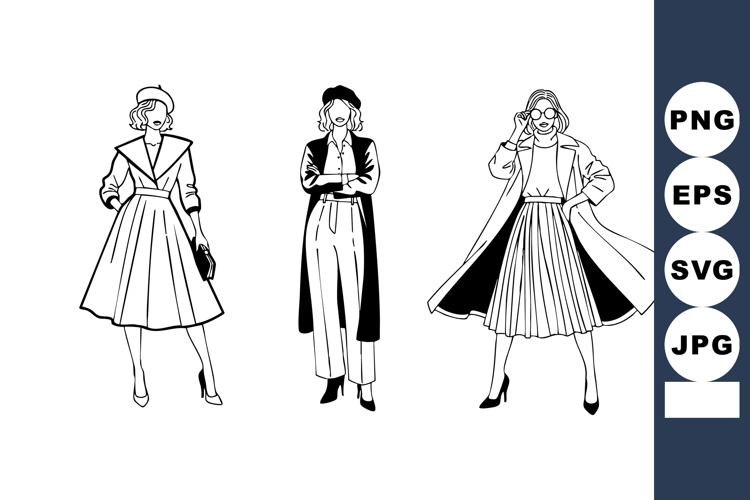 Vintage Style Women Fashion Illustration Coats Skirts