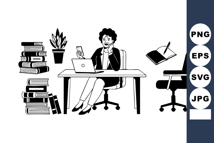 Woman Working At Desk Laptop Books Stacks Office