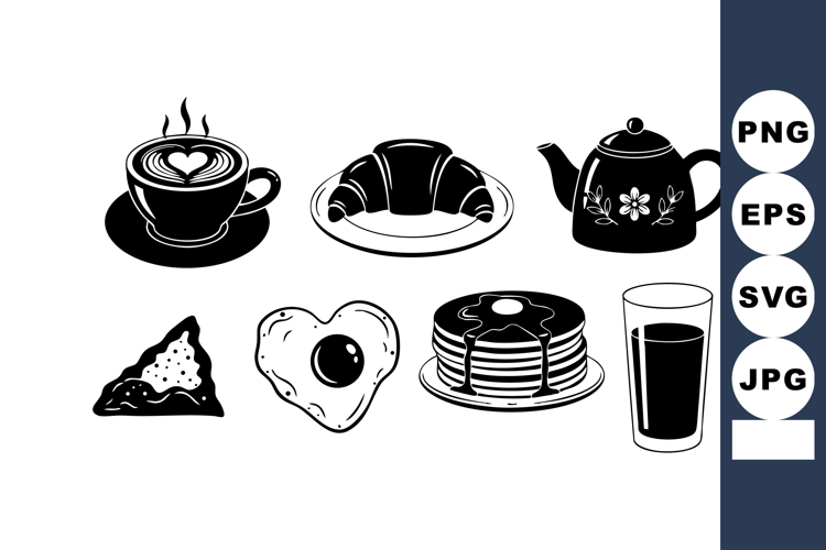 Black Silhouette Breakfast Food Coffee Vector Illustration