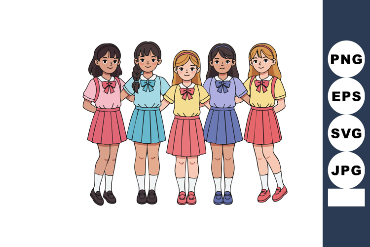 Five school girls standing together in colorful uniforms wit
