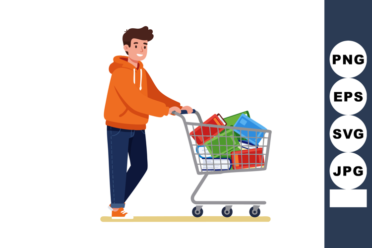 Young man shopping with cart full of colorful packages weari