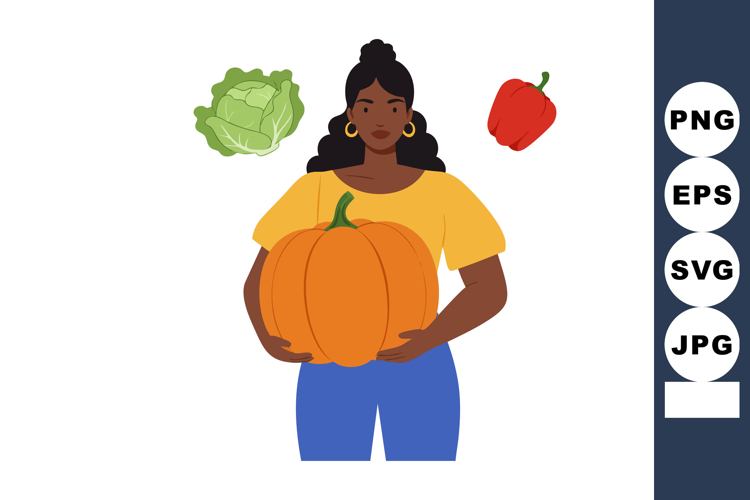 Woman holding large pumpkin with cabbage and red pepper vege