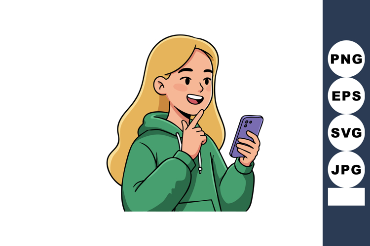 Young woman using smartphone green hoodie casual outfit digi
