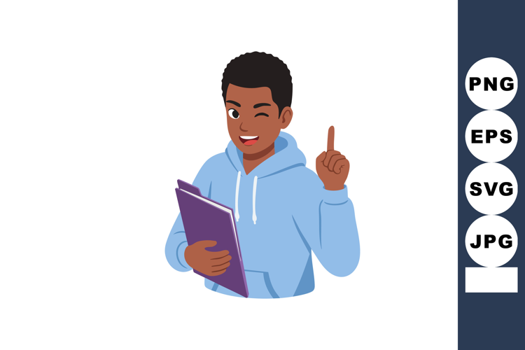 Young man in blue hoodie holding purple folder winking and r