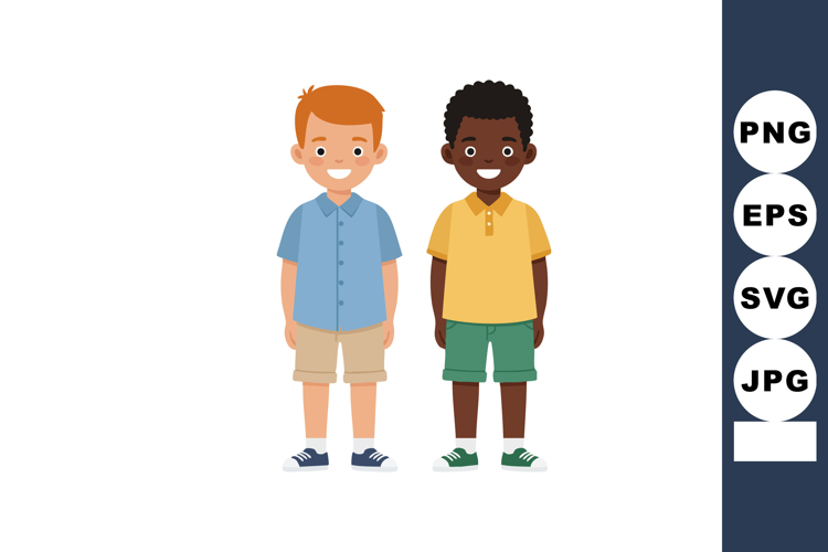 Two smiling boys standing side by side wearing casual summer