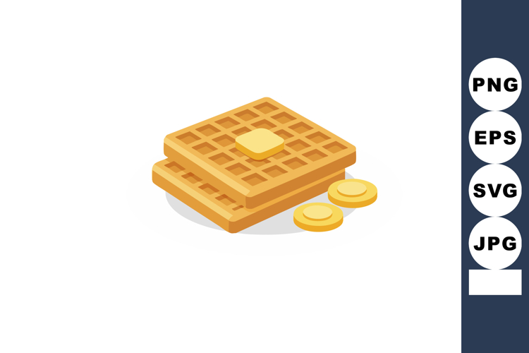 Two golden brown waffles with melting butter and syrup dropl