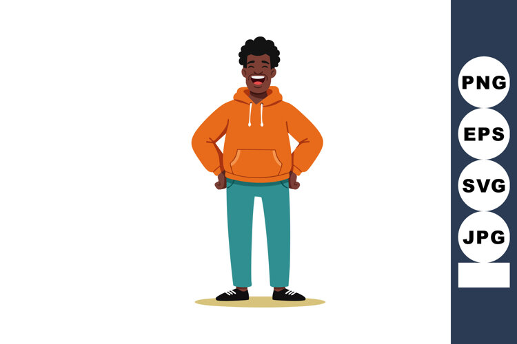 Young smiling man wearing orange hoodie and teal pants stand example image 1
