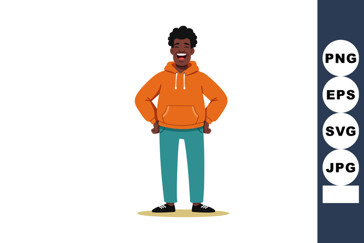 Young smiling man wearing orange hoodie and teal pants stand