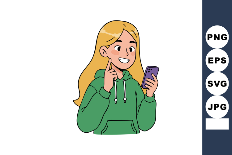 Young smiling girl using smartphone green hoodie digital com