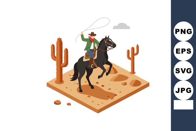 Cowboy riding black horse in desert landscape with cacti and