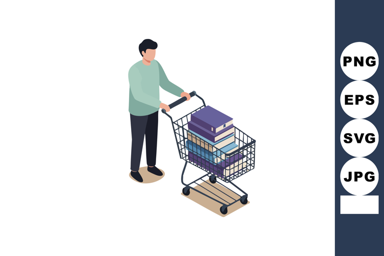 Man pushing shopping cart filled with stacked books in simpl