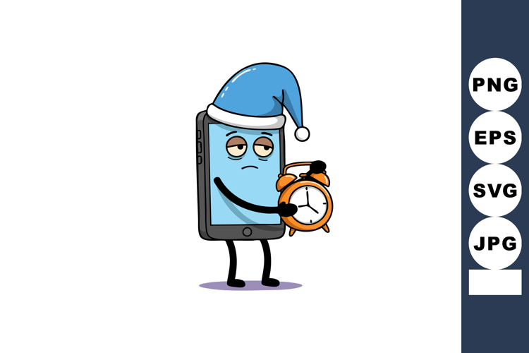 Smartphone character wearing blue sleeping cap holding orang