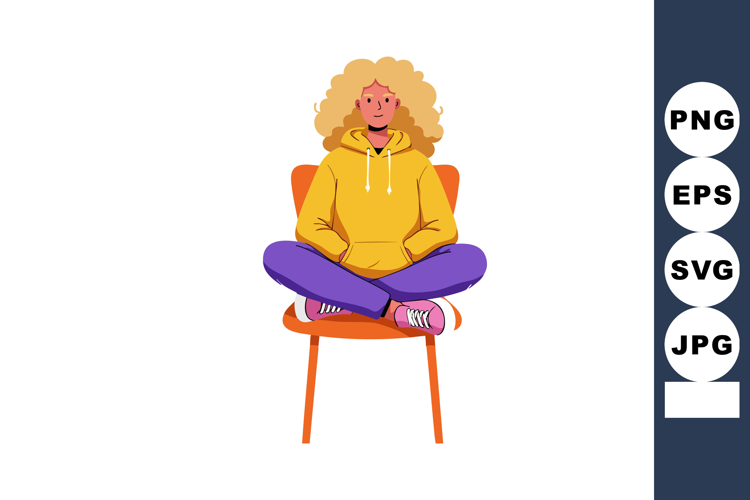 Young woman sitting cross legged on orange chair wearing yel