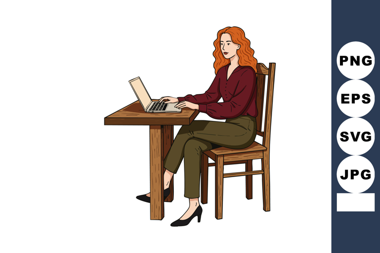 Woman with red hair working on laptop sitting at wooden tabl