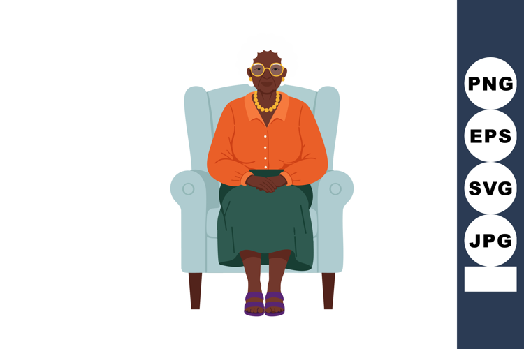 Elderly woman sitting in armchair wearing orange blouse and