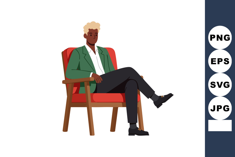 Man sitting on red chair in green jacket and black pants vec