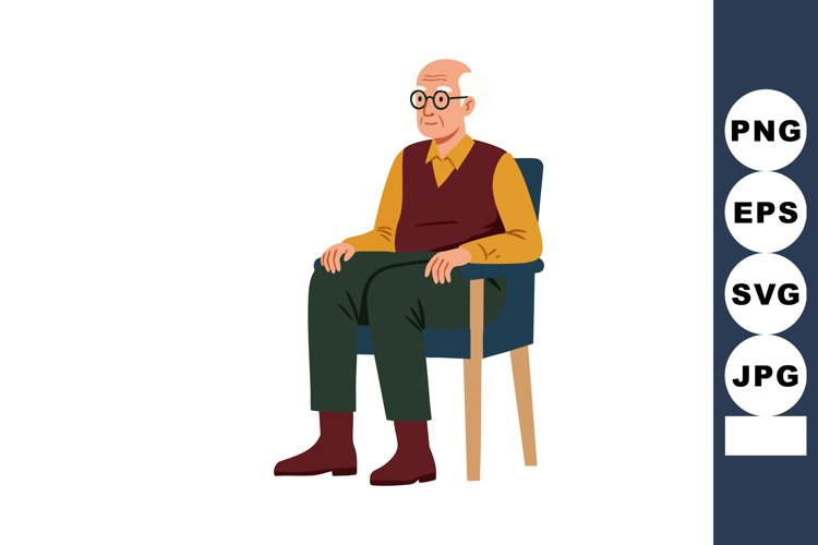Elderly man sitting on chair with glasses in casual clothing