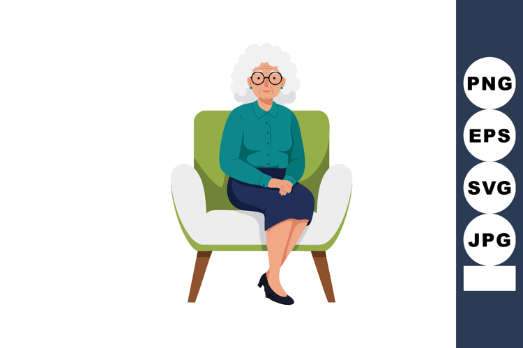 Elderly woman sitting on modern chair in casual clothing wit