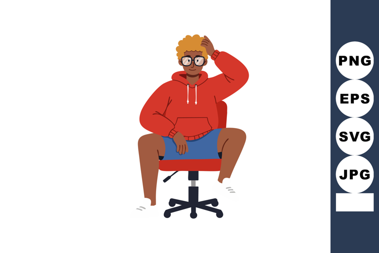 Young man sitting on office chair wearing red hoodie and gla