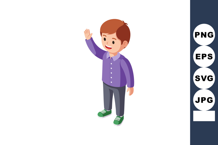 Young boy waving hand in purple shirt and green shoes cheerf