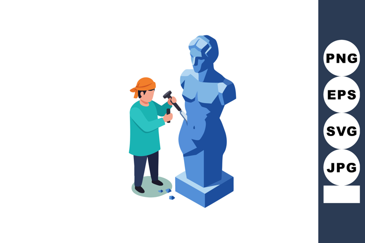 Sculptor carving classical statue bust with hammer and chise