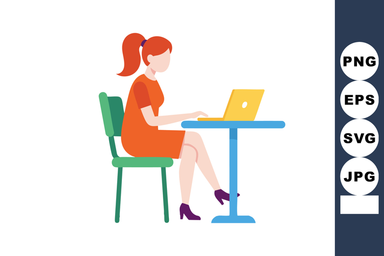 Woman working on laptop at blue table in orange dress and pu