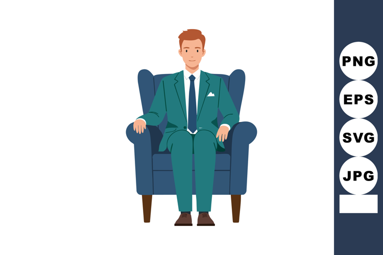 Man in green suit sitting on blue armchair vector illustrati
