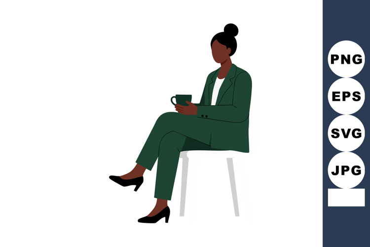 Woman in green suit sitting on chair with cup vector illustr
