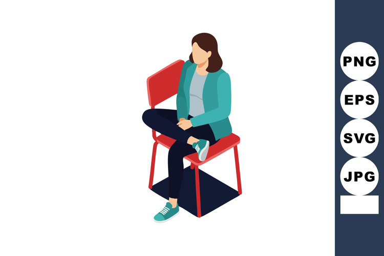 Woman sitting on red chair in casual outfit with teal jacket