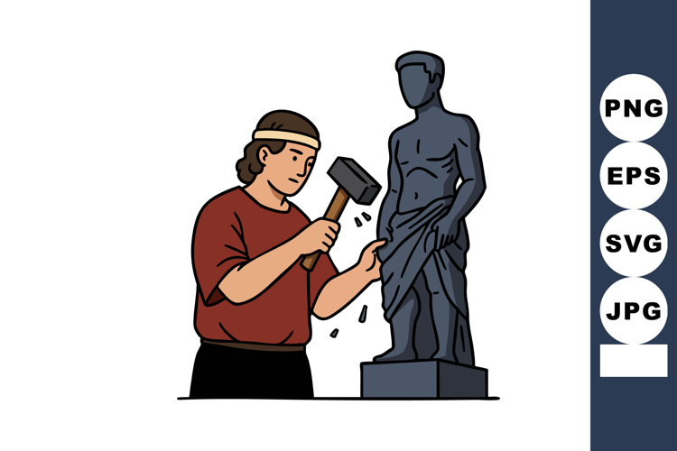 Sculptor chiseling classical statue with hammer and chisel i