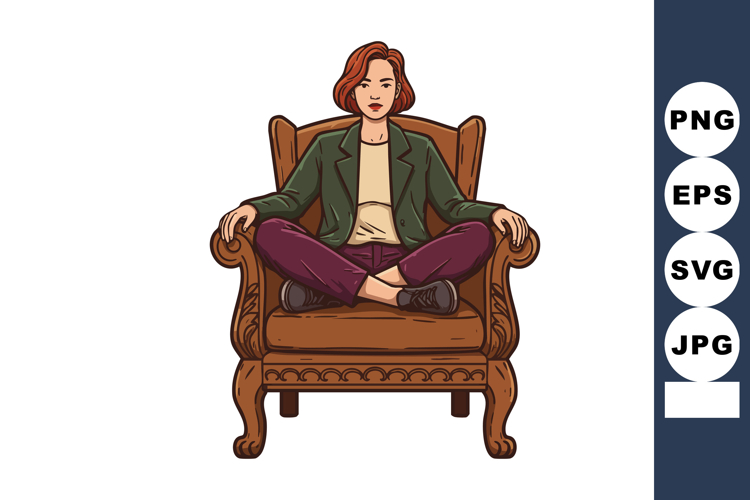 Woman seated cross-legged on ornate wooden armchair relaxed