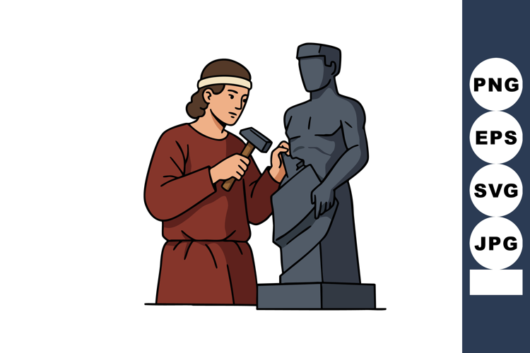 Ancient Sculpture Craftsman Carving Stone Statue with Hammer