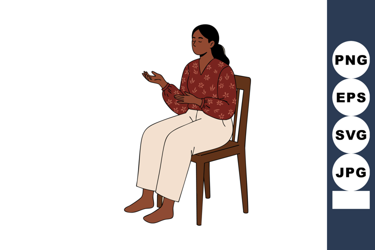 Woman Sitting on Wooden Chair Wearing Red Floral Shirt and W