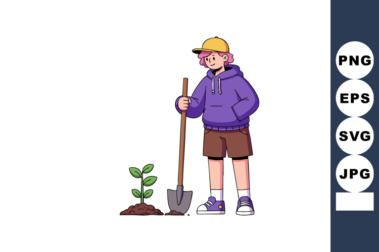 Young person planting small green plant with shovel in casua