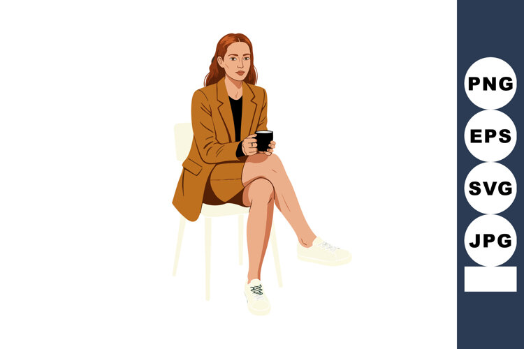 Woman in brown blazer sitting on chair holding a black cup c example image 1