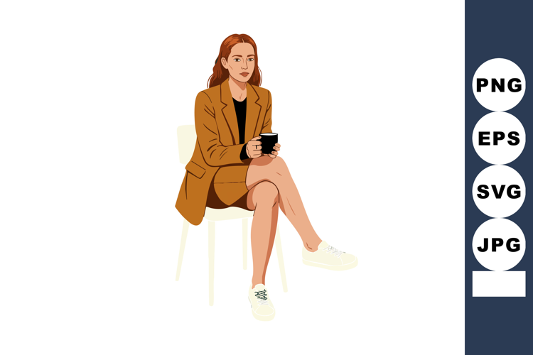 Woman in brown blazer sitting on chair holding a black cup c
