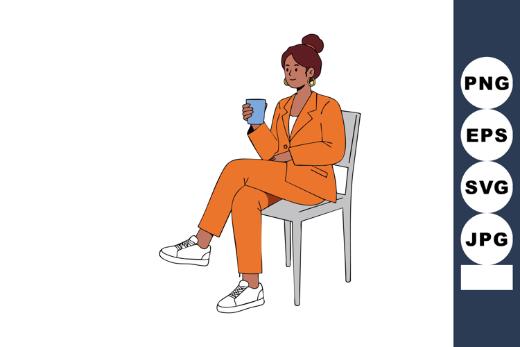 Woman in orange suit sitting on chair holding cup casual fas
