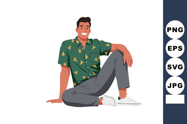 Young man sitting casually in green floral shirt and grey pa