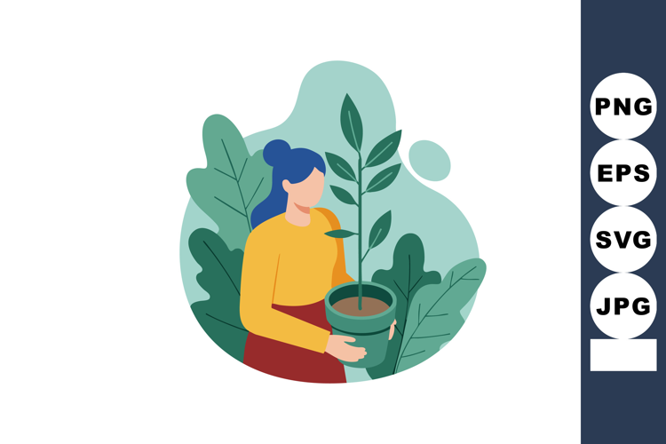 Woman holding potted plant with green leaves gardening and n