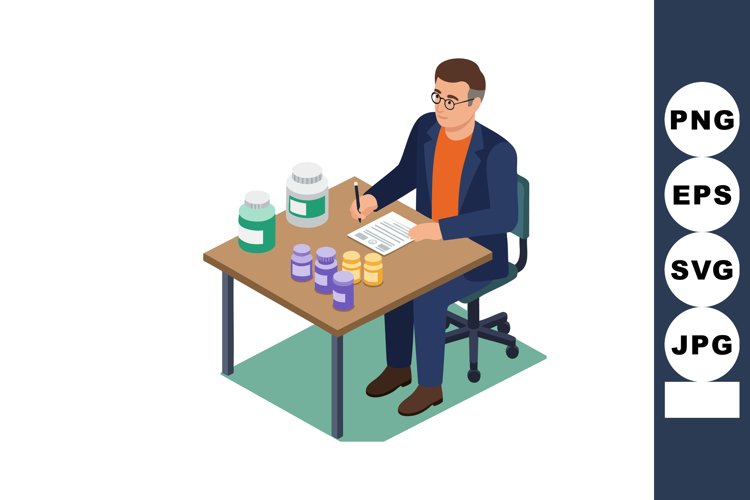 Man Sitting at Desk Filling Medical Forms with Medicine Bott