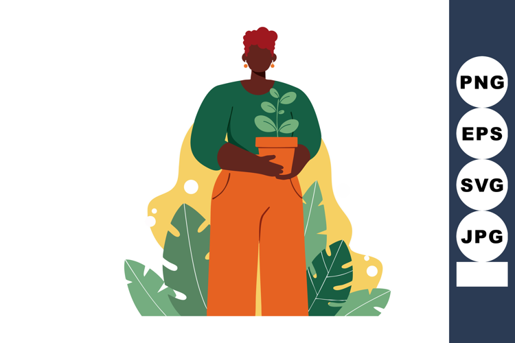 Woman holding potted plant with green leaves in casual outfi