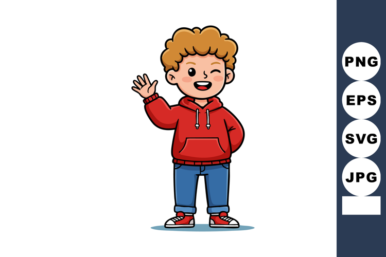 Boy waving hand wearing red hoodie blue jeans and sneakers c