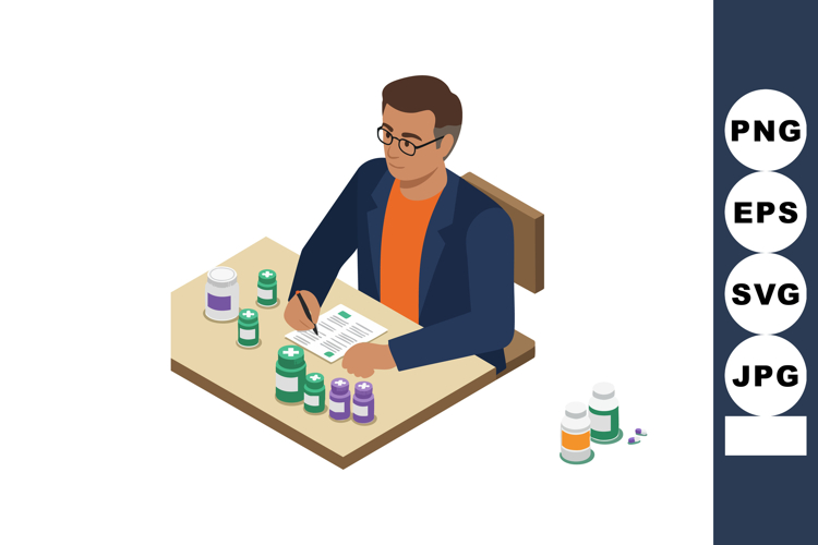 Man writing medical prescriptions with pill bottles in isome