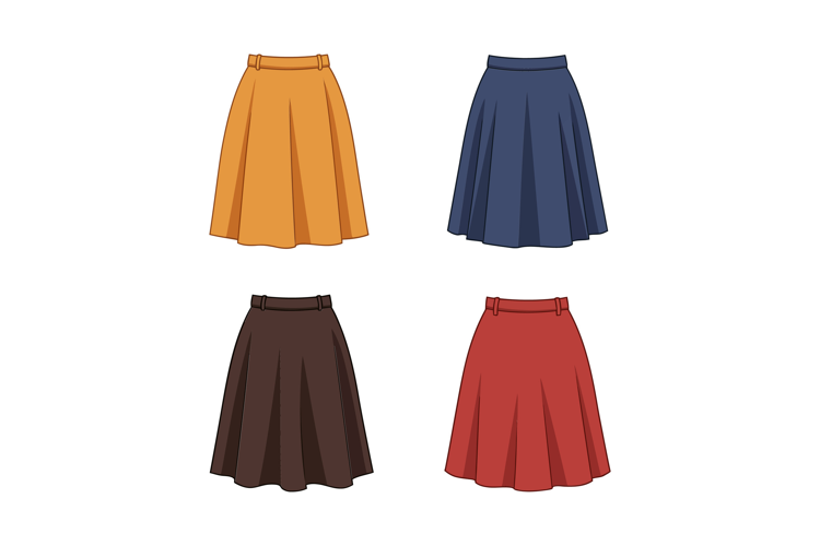 Four stylish skirts in bright colors featuring pleats and be