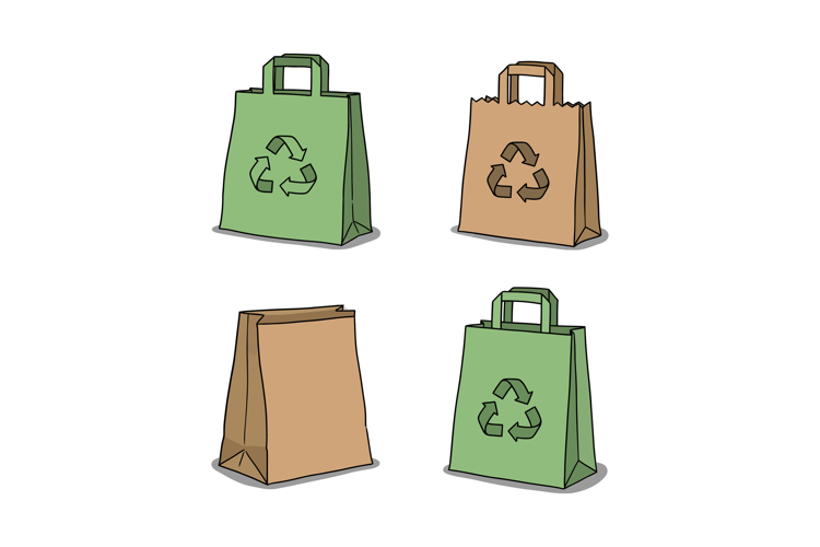 Four eco-friendly shopping bags in flat design showcasing re